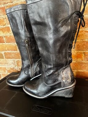 Bedstu Empress Tall Wedge Heel Boot Lace Back Leather Bench Made Gray